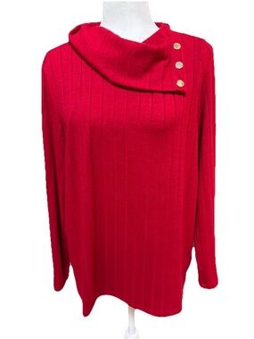 Rafaella Women's Red Split Cowl Neck Shirt Knit Top Long Sleeve Size Large